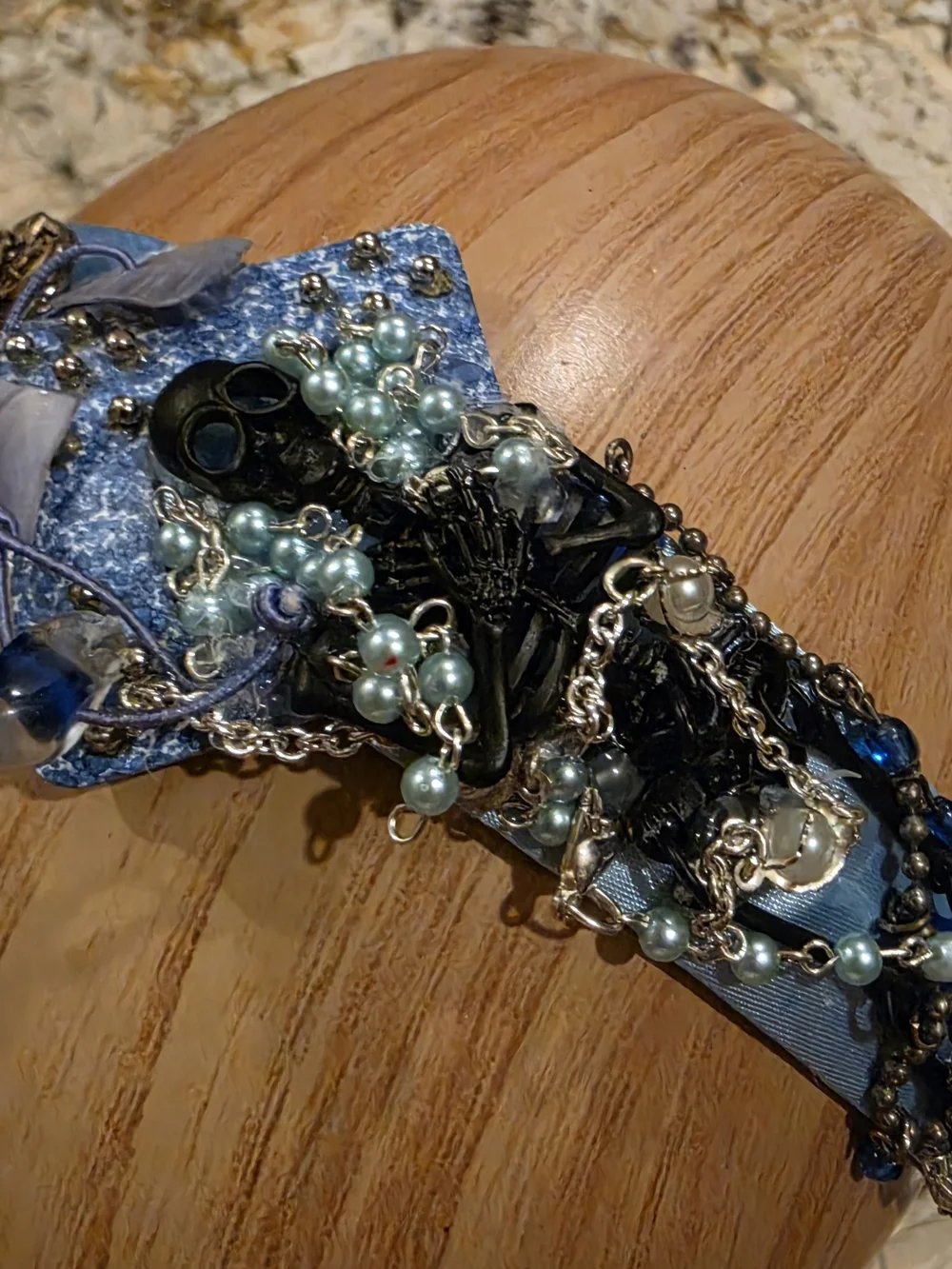 Handcrafted Blue Beaded Headband with Black Skeleton, Pearl & Chains